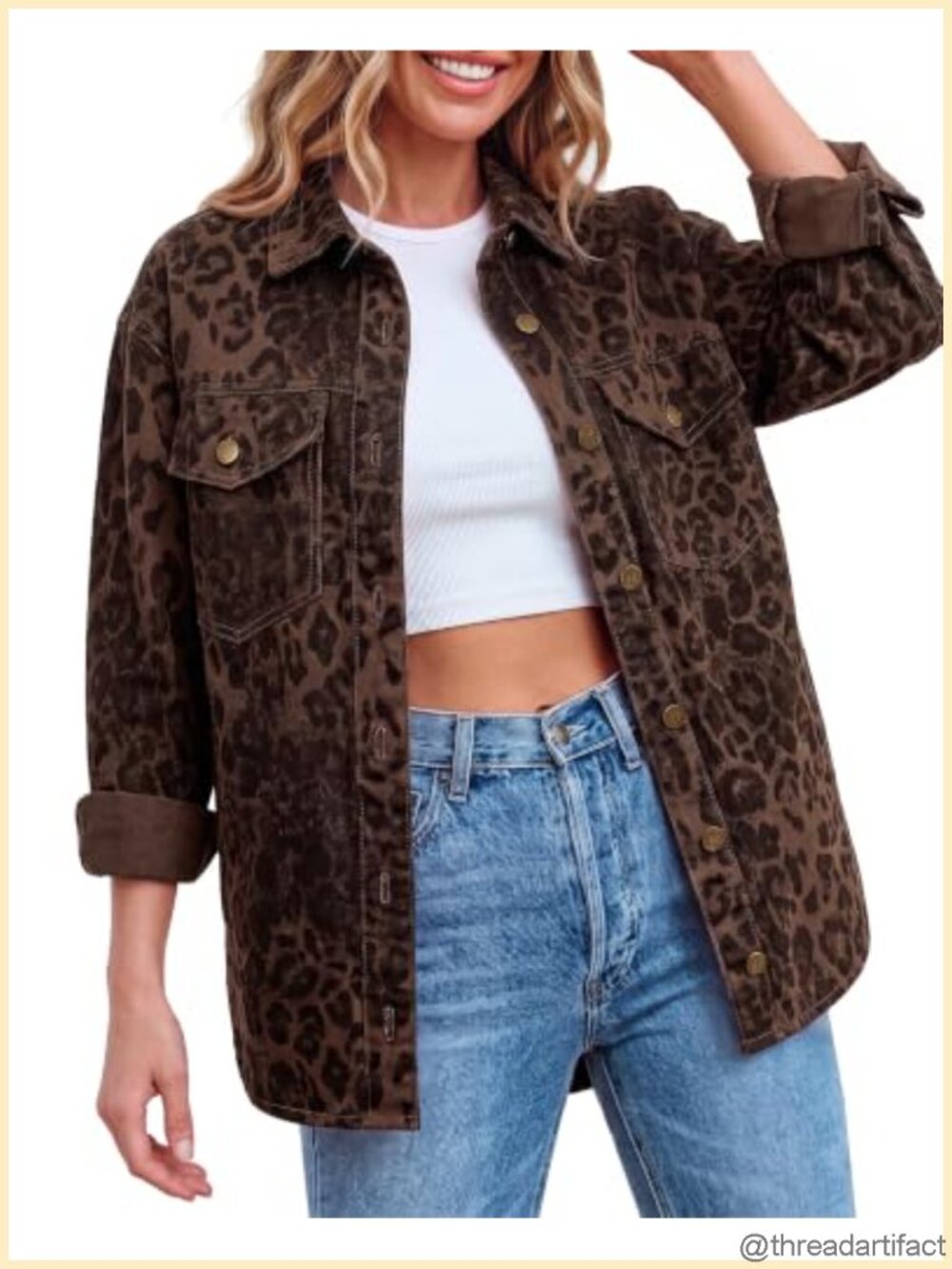 Oversized Leopard Print Denim Jacket Long Sleeve Button Down Shacket
